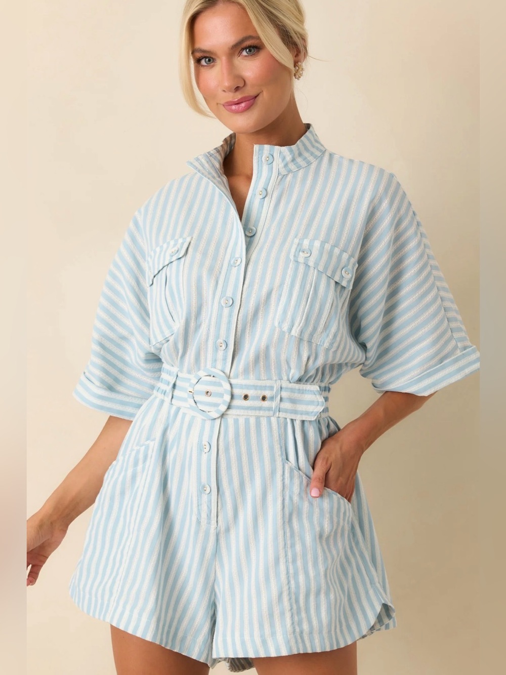 NWT Prosperina Chloe Blue Aqua Striped Cotton Romper